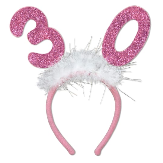 Beistle; Beistle Adult Pink "30" Glittered Boppers with Marabou, 2ct.; Category:Party Wearables; Image:1